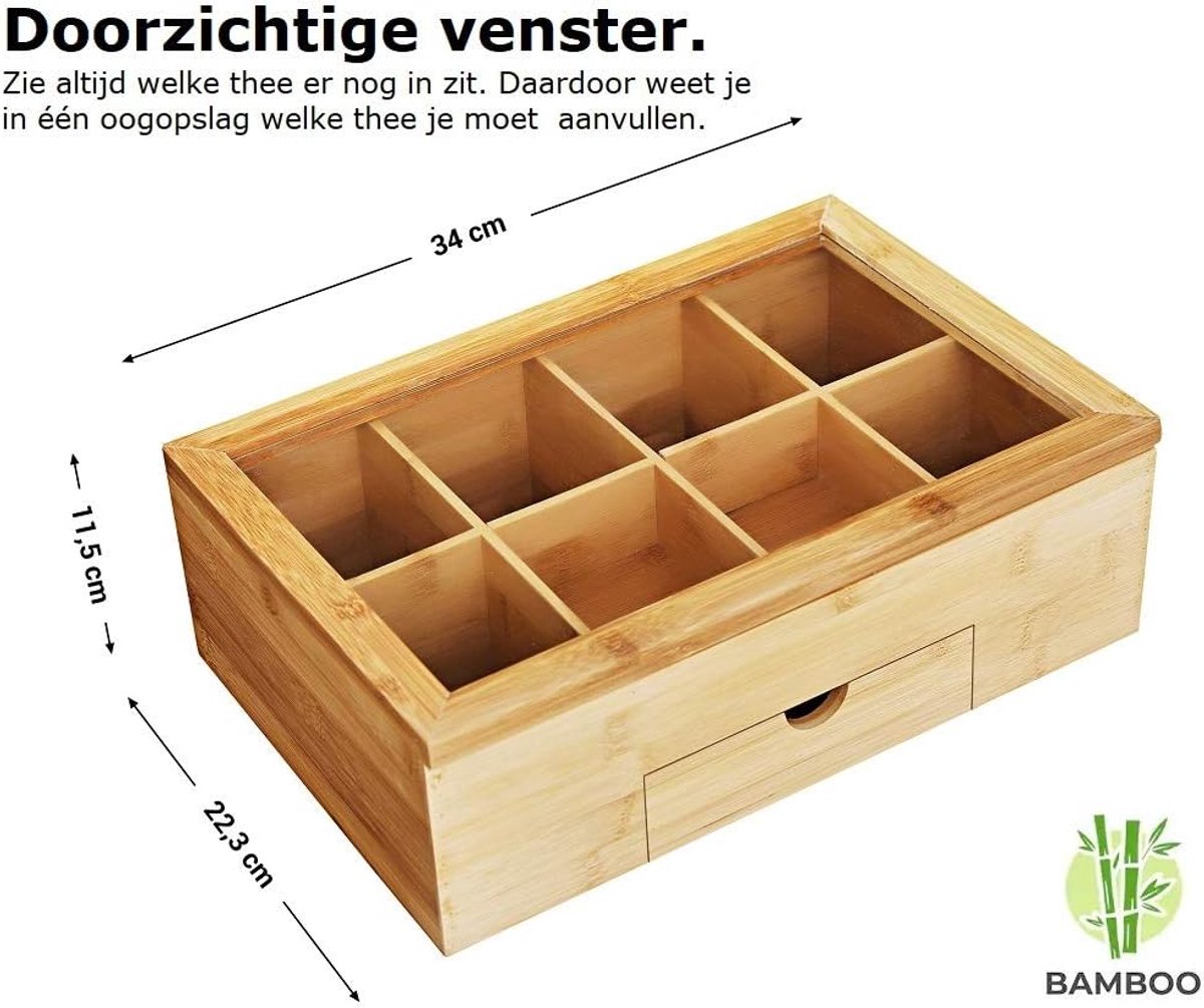 Thijox - Luxe Bamboe Theedoos met Doorzichtig Venster - 9 Vaks Theekist voor Thee - Stijlvolle Opbergdoos voor Theezakjes - Perfect voor Keuken en The — cadeau in Wonen & Interieur - foto 3
