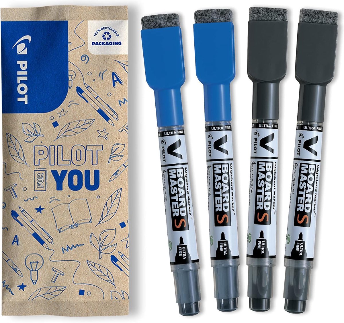 SnelShoppen - Set van 4 V Board Master S - Droog uitwisbare whiteboard markers met ultrafijne punt - Navulbare inkt - 2 blauwe, 2 zwarte - Ideaal voor