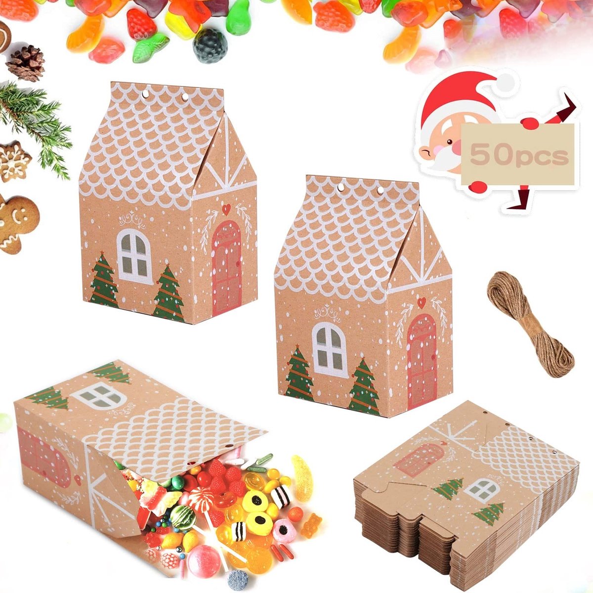 Dailygoods- Kerstkraftpapier 50 stuks - Papieren Zakjes - Cadeautasjes - Geschenkdoosjes - Doe-het-zelf - Kaki 10,5 x 7 x 5 cm - Cadeauzakjes
