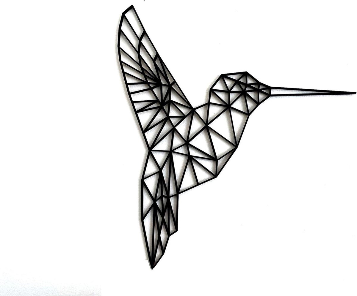 Houten wanddecoratie - Kolibrie ornament - Interieur verfraaien - Geometrisch design - 36 cm hoog - Zwart gelakt