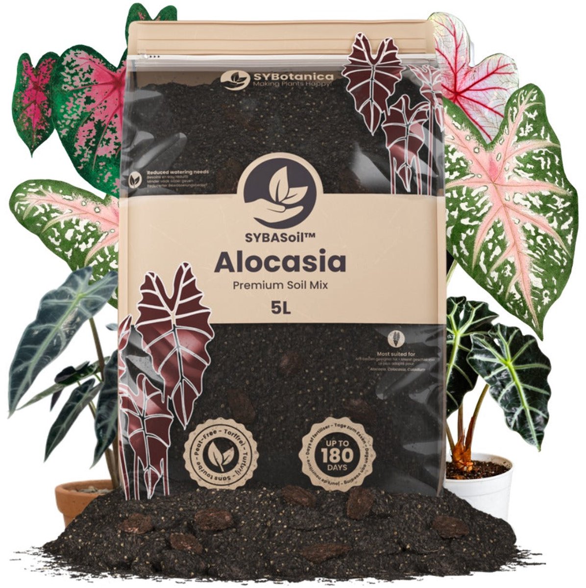 SYBASoil - Alocasia mix 5L - Turfvrije Potgrond Mix - 6 Maanden Voeding