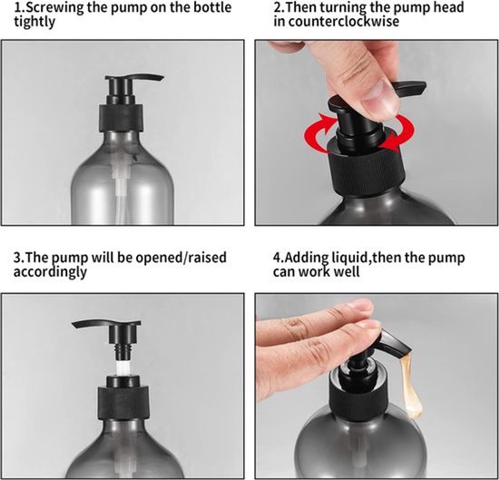 2-delige grijze navulbare zeepdispensers van 500 ml - Lege plastic pompflessen voor zeep, shampoo, lotion en douchegel voor thuis en onderweg — afbeelding 4