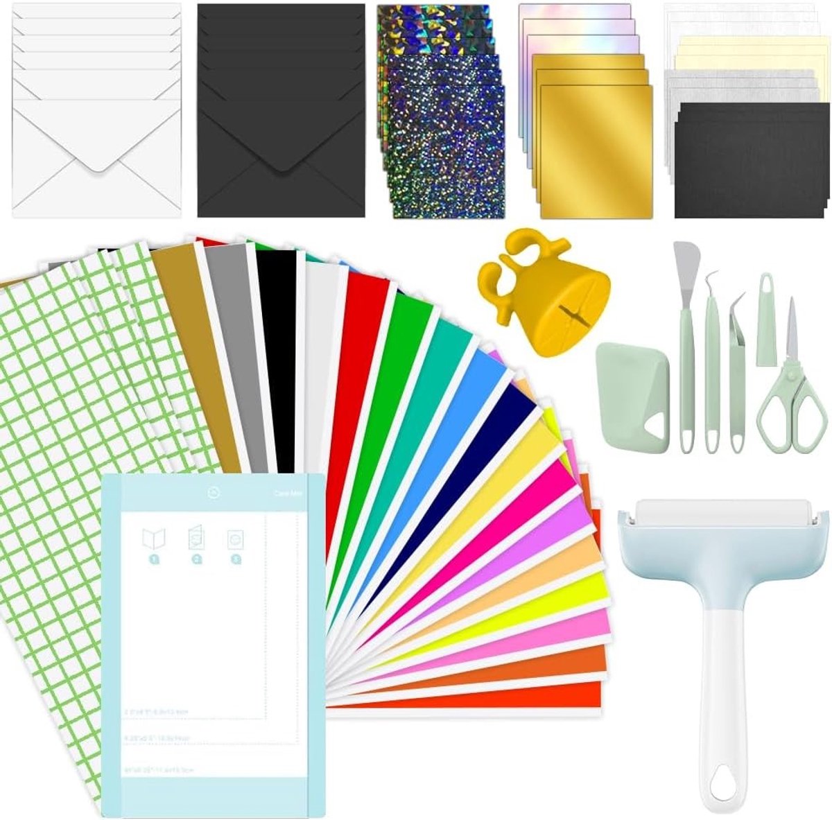 Starter Kit voor Cricut Joy - Compleet Bundelpakket voor Beginners met 17 Kleuren Slimme Vinyl, Transferfolie, Invoekaarten en Basisgereedschap - 30 x 13 cm