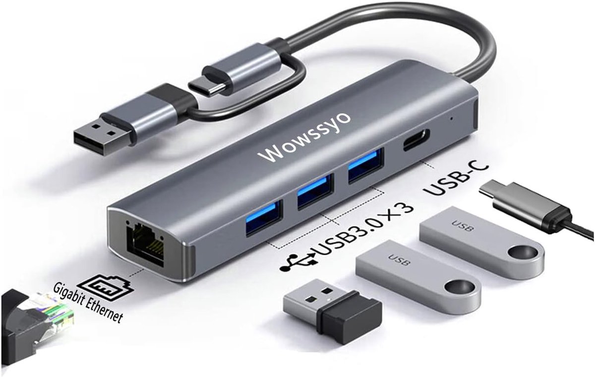 Thijox - 5-in-1 USB C Aluminium Hub Adapter voor MacBook Pro/Air - Gigabit RJ45 Ethernet, 3 USB 3.0 Poorten, USB C Datapoort, Multiport Docking Statio