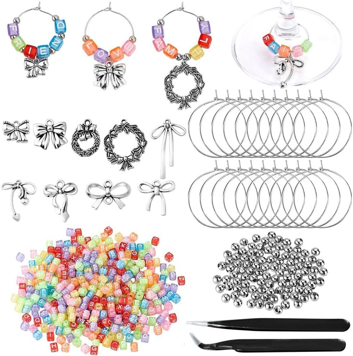 Dailygoods- Wijnglas Set van 50 - Strikhangers - 400 Letterkralen - Herbruikbare Markeerglazen - Bekerhangers - Feestdecoratie