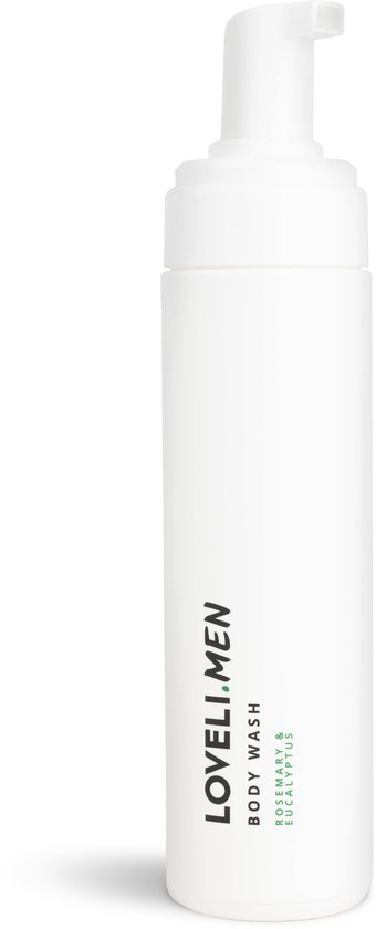 Witte pompflacon met 'LOVELI.MEN BODY WASH ROSEMARY & EUCALYPTUS' opdruk.
