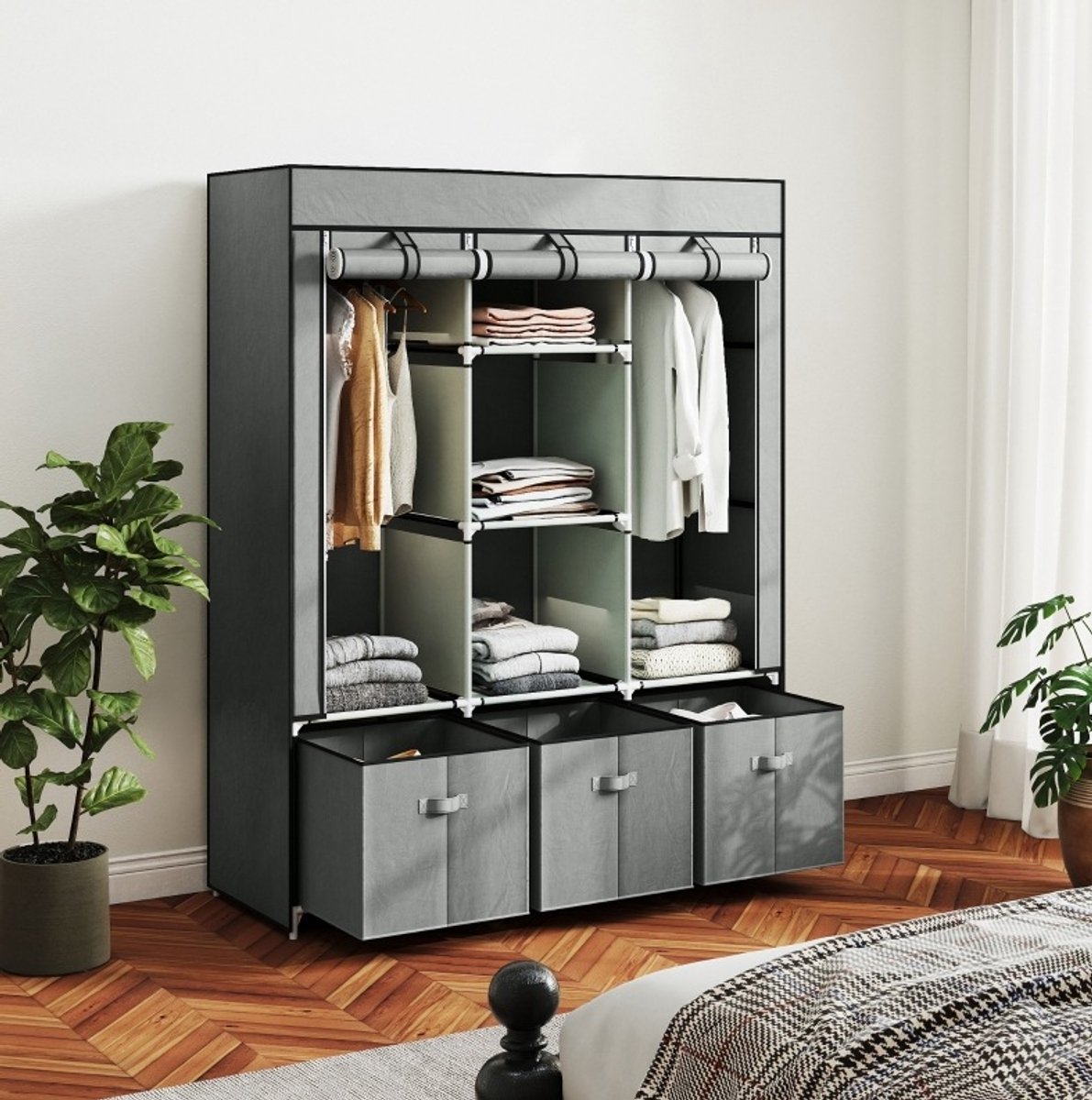 MIVRAY Kledingkast - Opvouwbare Stoffenkast Met 2 Hangroedes En 3 Lades - Voor Slaapkamer En Berging - Staal Lichtgrijs - 125x43x162,5 Cm