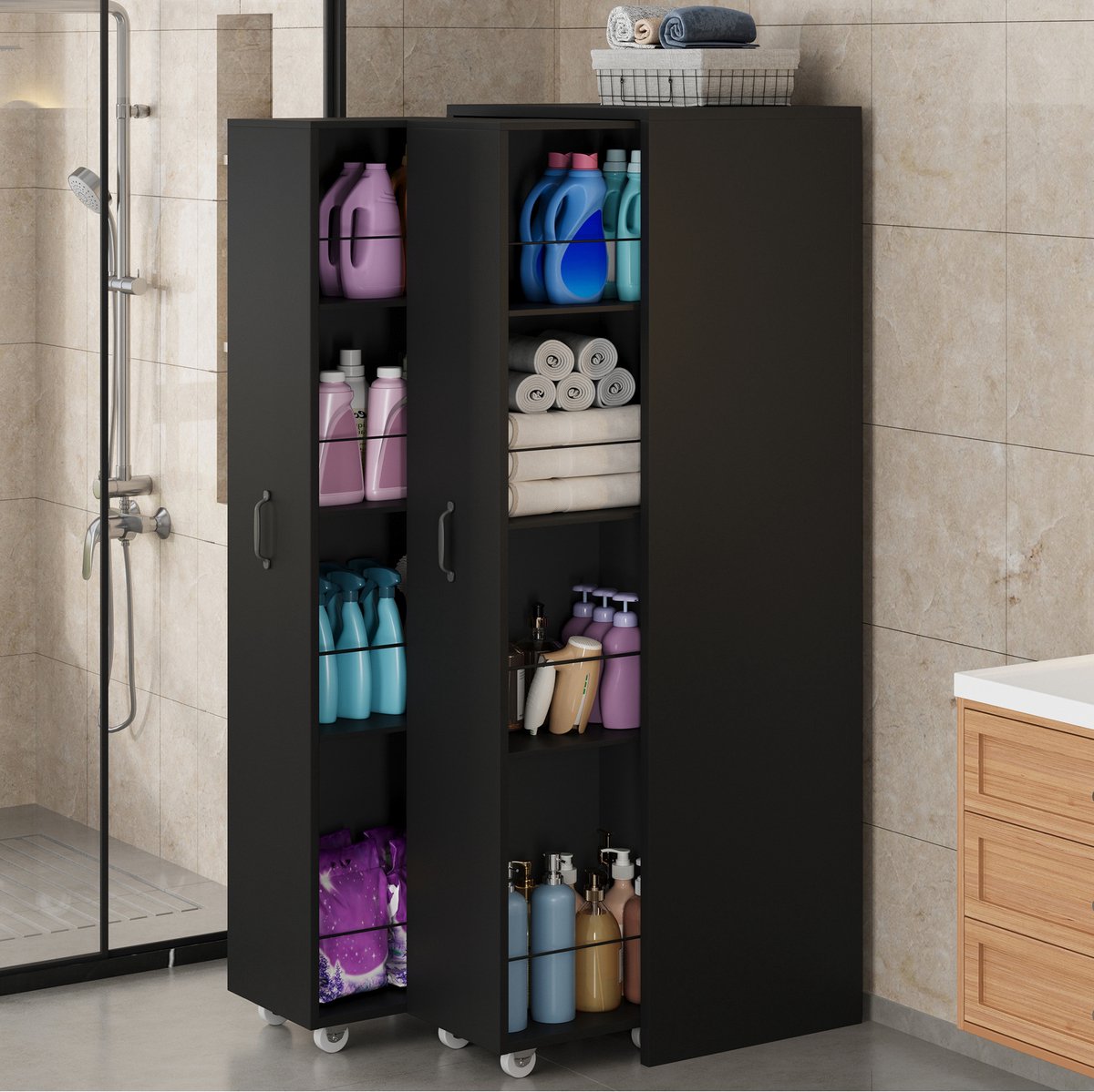 MIVRAY Boekenkast - Uitschuifbaar Op Wielen Met 4 Niveaus - Flexibele Opberger Voor Badkamer Keuken Of Woonkamer - MDF - 51,5x41x158 Cm - Zwart