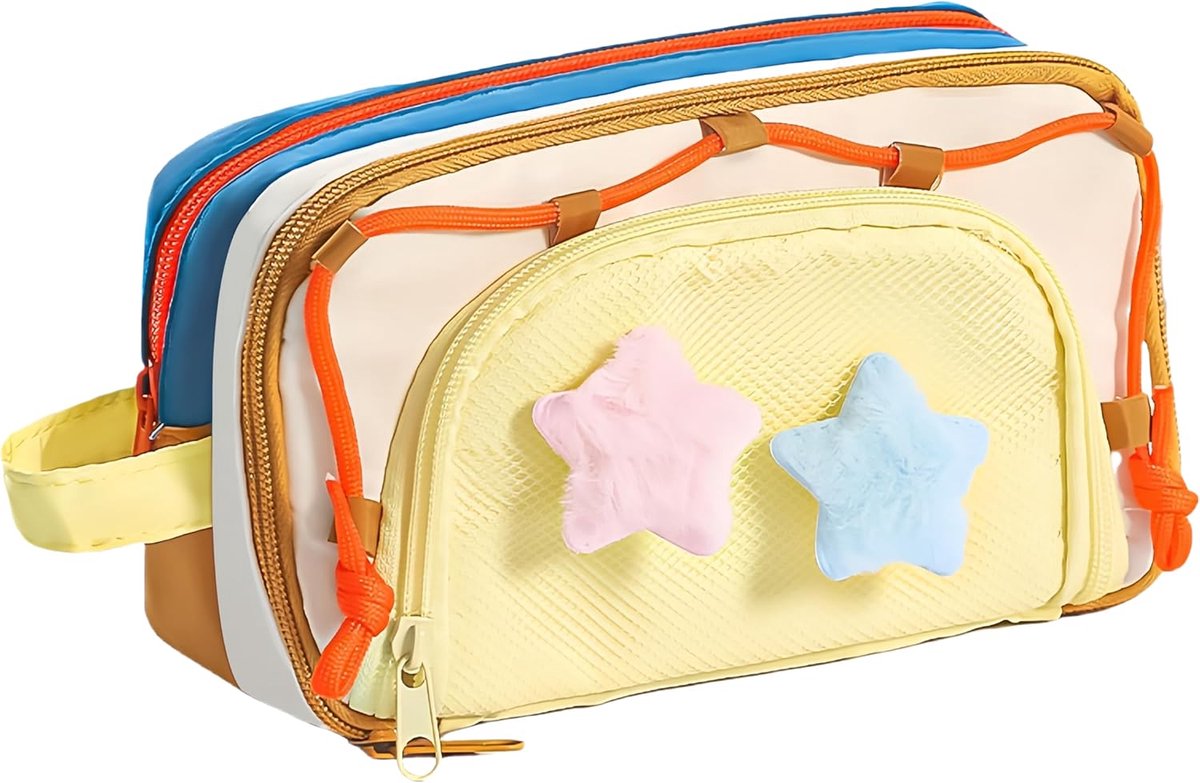 Etui voor meisjes - Leuk etui - Draagbaar etui met meerdere lagen - Grote capaciteit met vakjes - Etui met organizer - Cadeau voor de start van het schooljaar - Schrijfwaren - Blauw en geel - 1 stuk