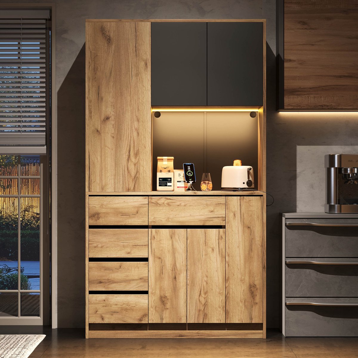 MIVRAY Keukenkast - Hoge Kast Met Ledverlichting En Uittrekbaar Kruidenrek - Voor Keuken En Eetkamer - MDF - 105x40x185 Cm - Zwart Naturel
