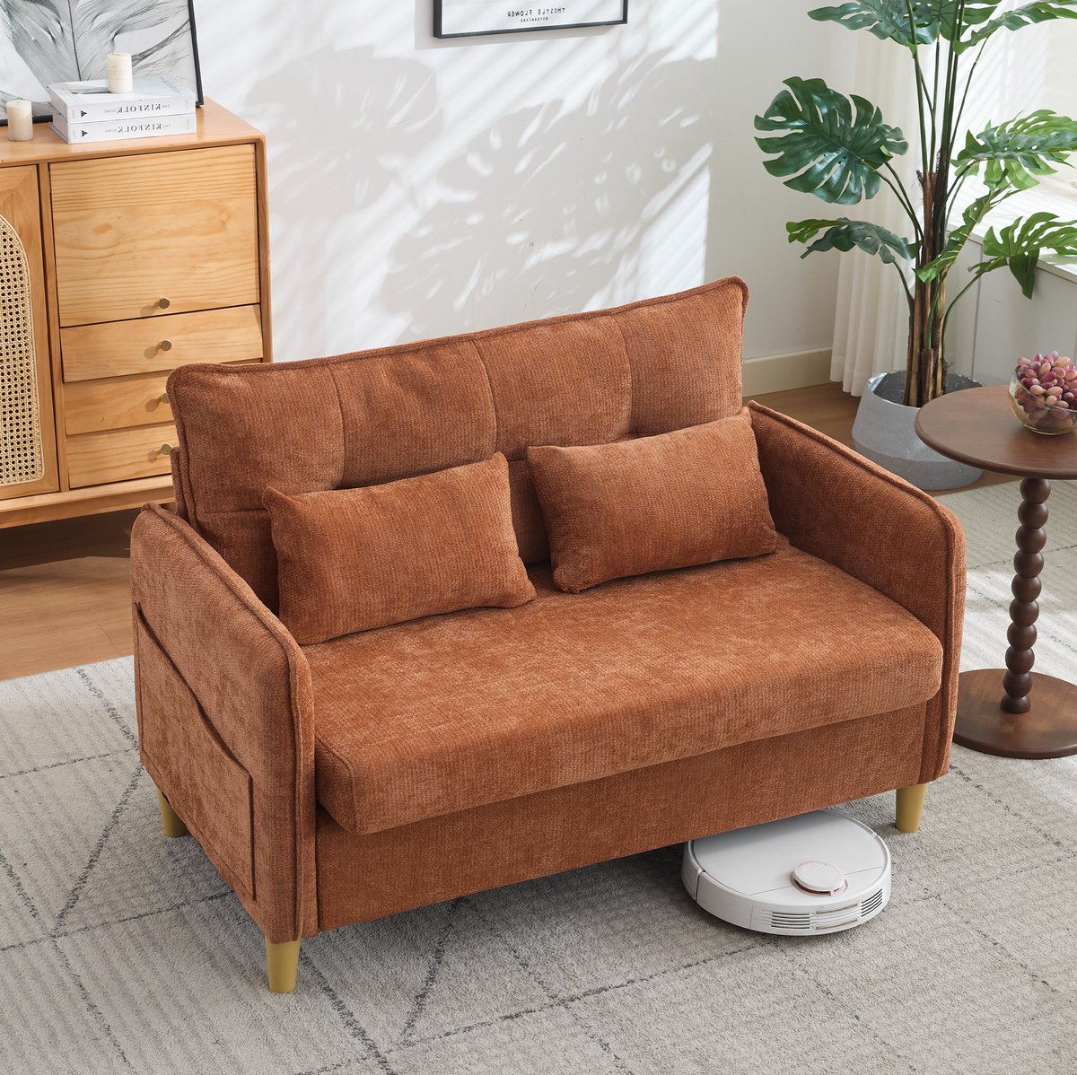 FloraGrace Zitbank 127 Cm - 2-Zitsbank Met Armleuningen En Zijvakken - Compact En Comfortabel Voor Woonkamer Of Kantoor - Hout En Chenille - Bruin