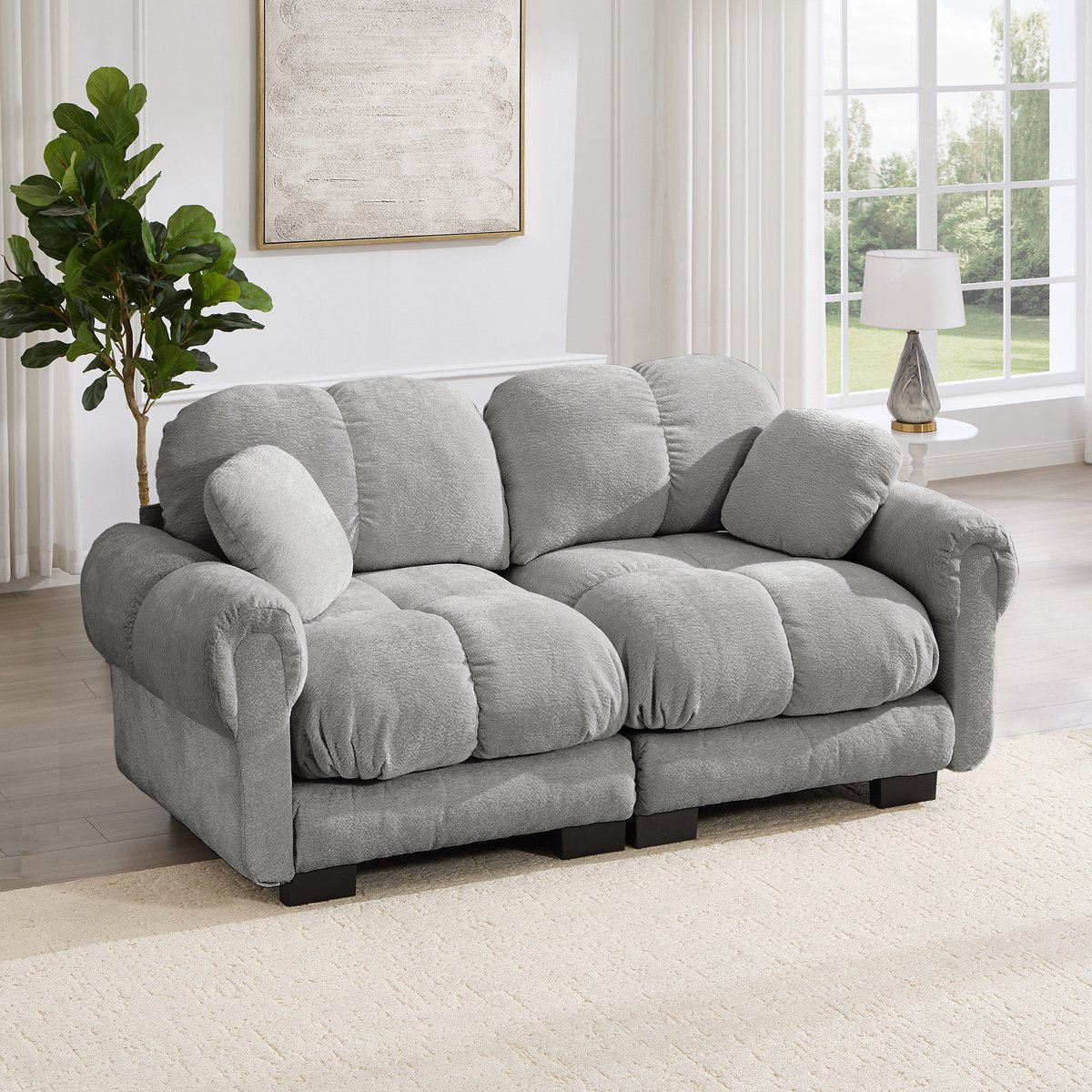 FloraGrace Zitbank 122 Cm - 2-Zits Modulaire Bank Met Gewatteerde Zitting En Ergonomische Rugleuning - Voor Woonkamer - Chenille - Lichtgrijs