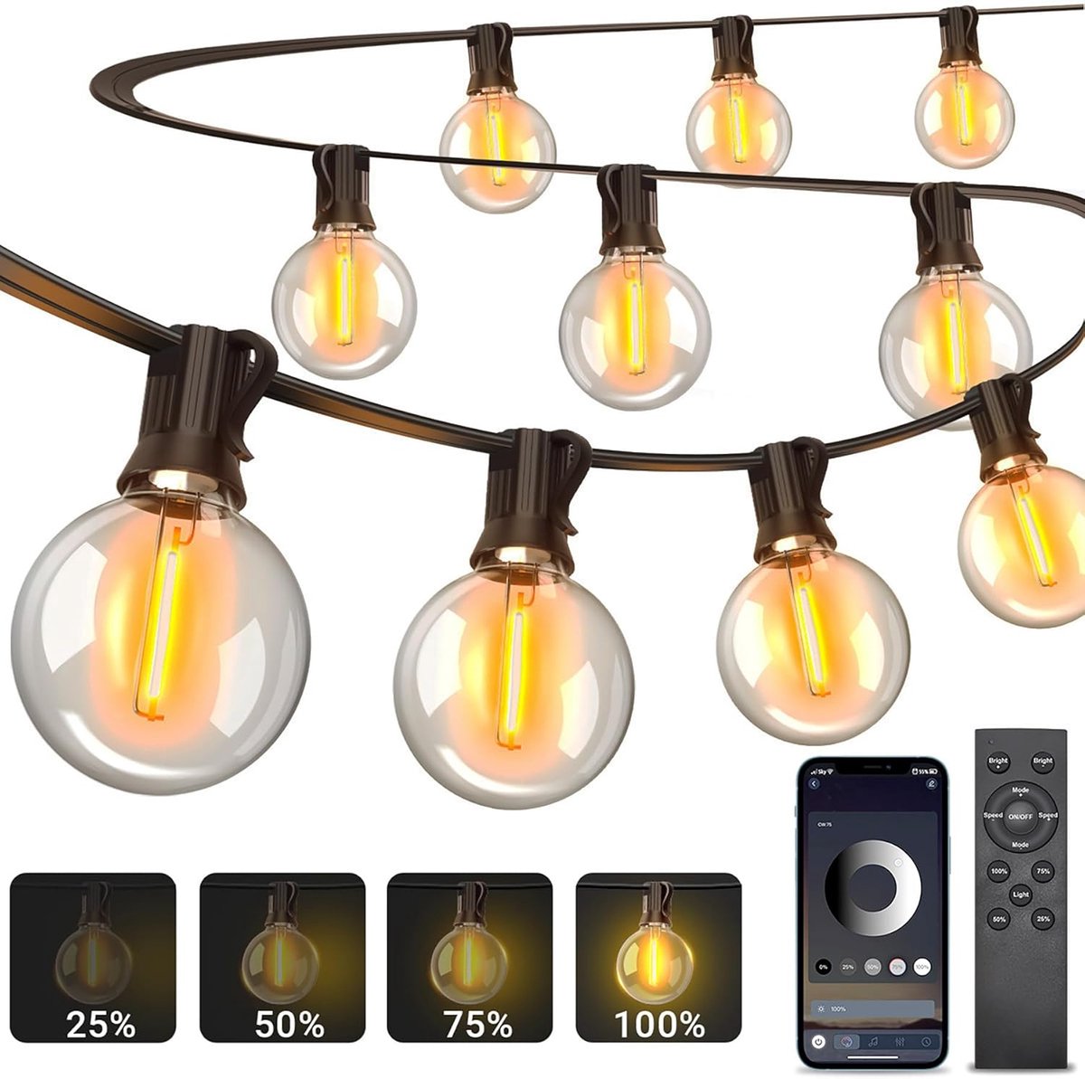 SnelShoppen - Lichtslingers Voor Buiten 30m - App-bediening Lichtsnoeren met G40 Onbreekbare Lampen - Warmwitte IP44 Waterdicht Buitenlichtslingers Vo