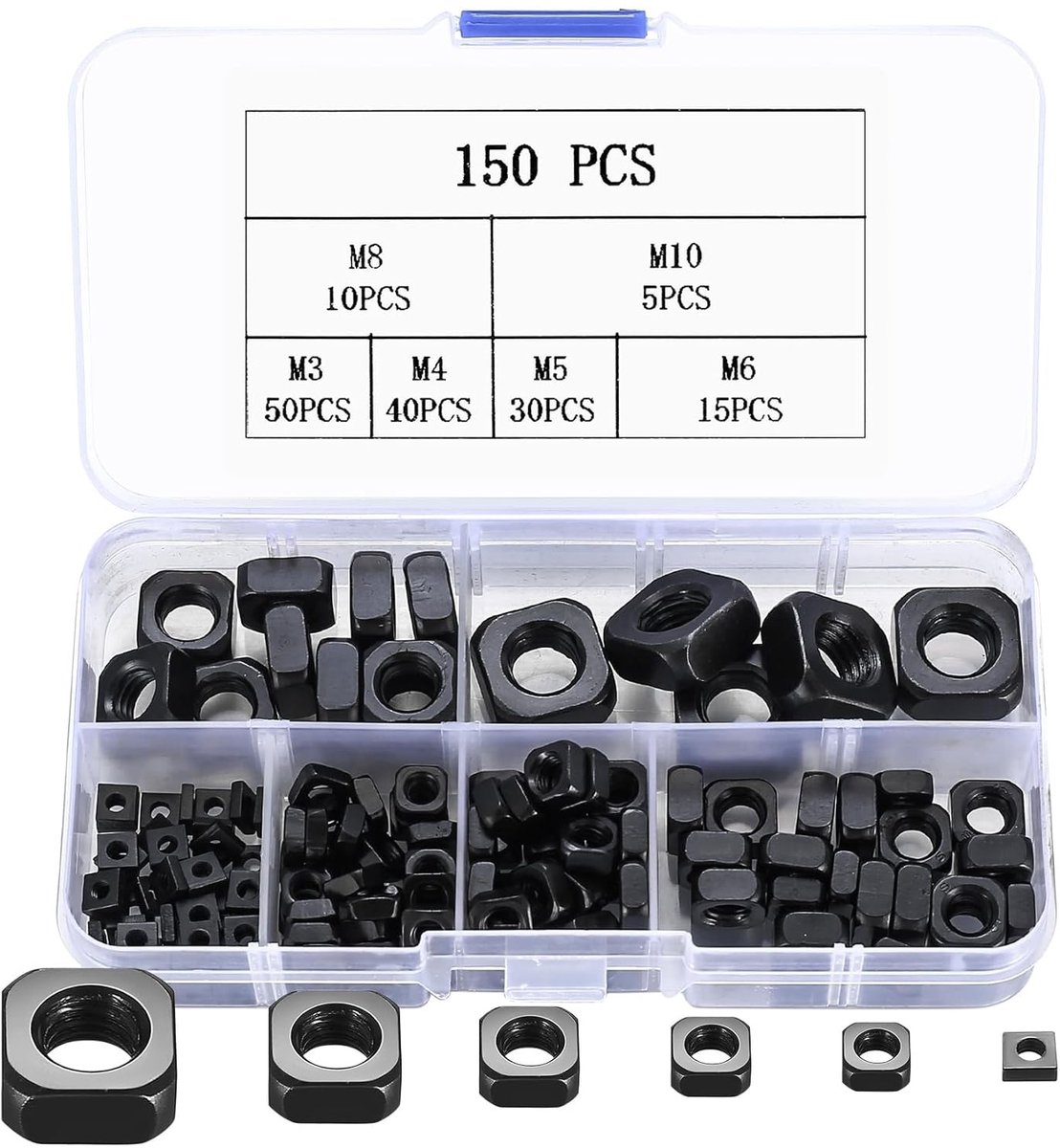 Set van 150 vierkante moeren van koolstofstaal voor houtbewerking en meubelmontage - M3, M4, M5, M6, M8, M10 (Zwart)