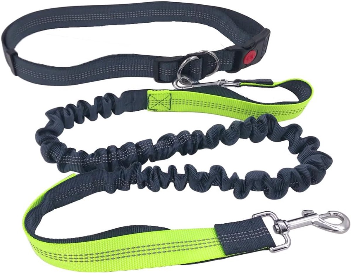 SnelShoppen - Grey Handsfree Hondenriem met Verstelbare Heupriem en Dubbele Handgreep, Retractable Bungee Leash voor Joggen met Reflecterende Stiksels