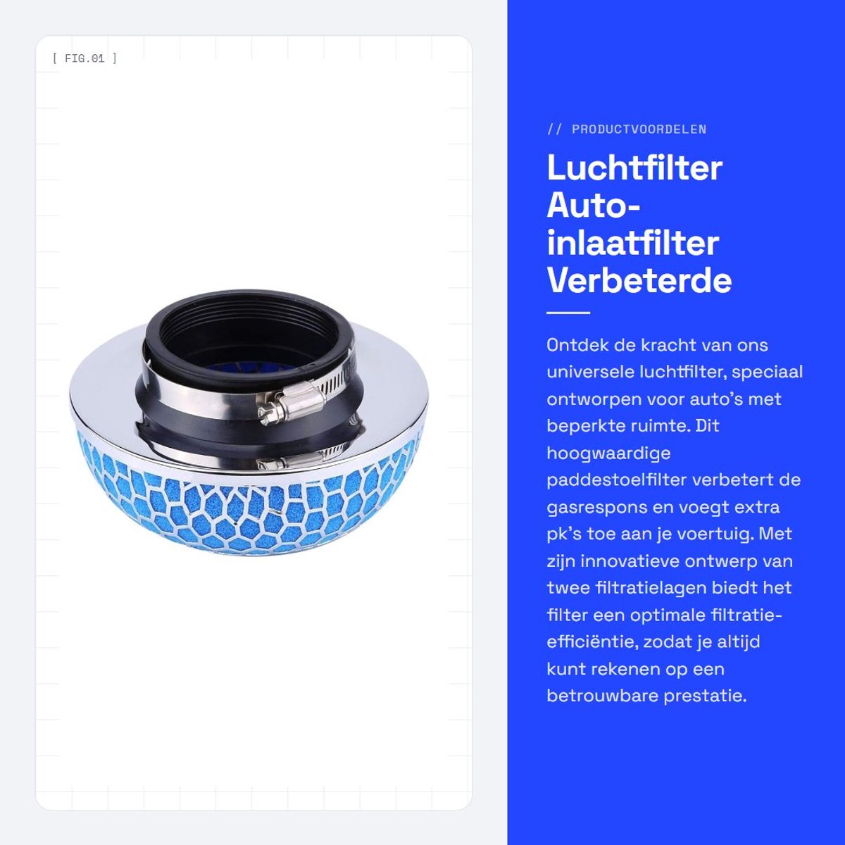 Dailygoods- Paddestoelfilter - Verbeterde gasrespons - Roestvrij Staal - Wasbaar Microkatoen - Universeel - Geschikt voor Turbo voertuigen - Luchtfilter