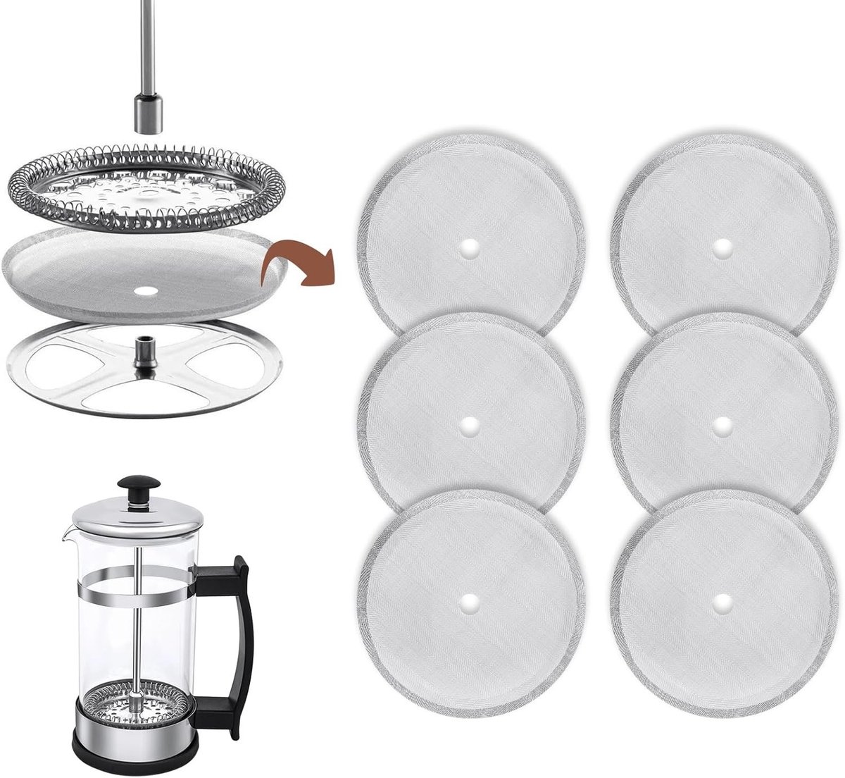 Herbruikbare Filters voor Franse Pers, 6 Stuks, RVS Koffiefilter, Filtergaas, Geschikt voor 34oz/1000ml Koffiemakers, Duurzaam en Efficiënt