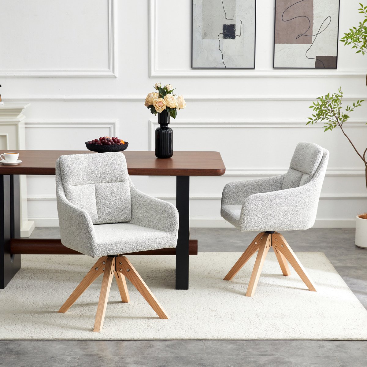 Set Van 2 Eetkamer Draaistoelen Met Hoge Rugleuning En 360 Graden Draaifunctie Met Armleuningen Voor Eetkamer En Thuiswerkplek Van Structuurvelours Lichtgrijs
