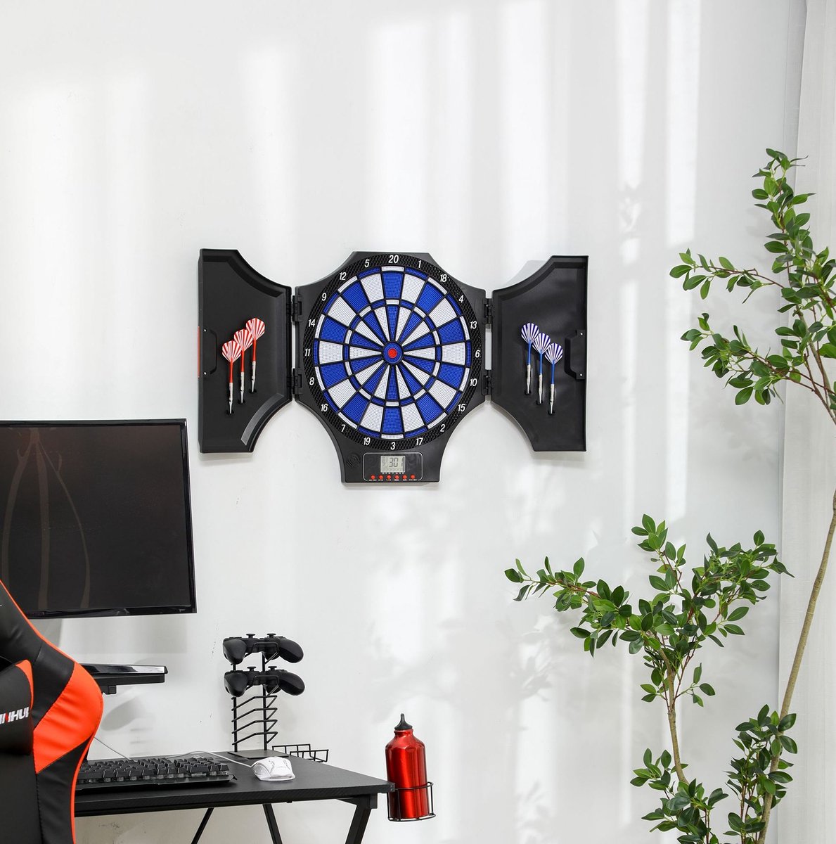 MEUNIQ elektronisch dartbord met LCD-display, 31 spellen en 285 programma’s, voor 8 spelers, met zijdeuren, 12 dartpijlen en reservepunten, zwart