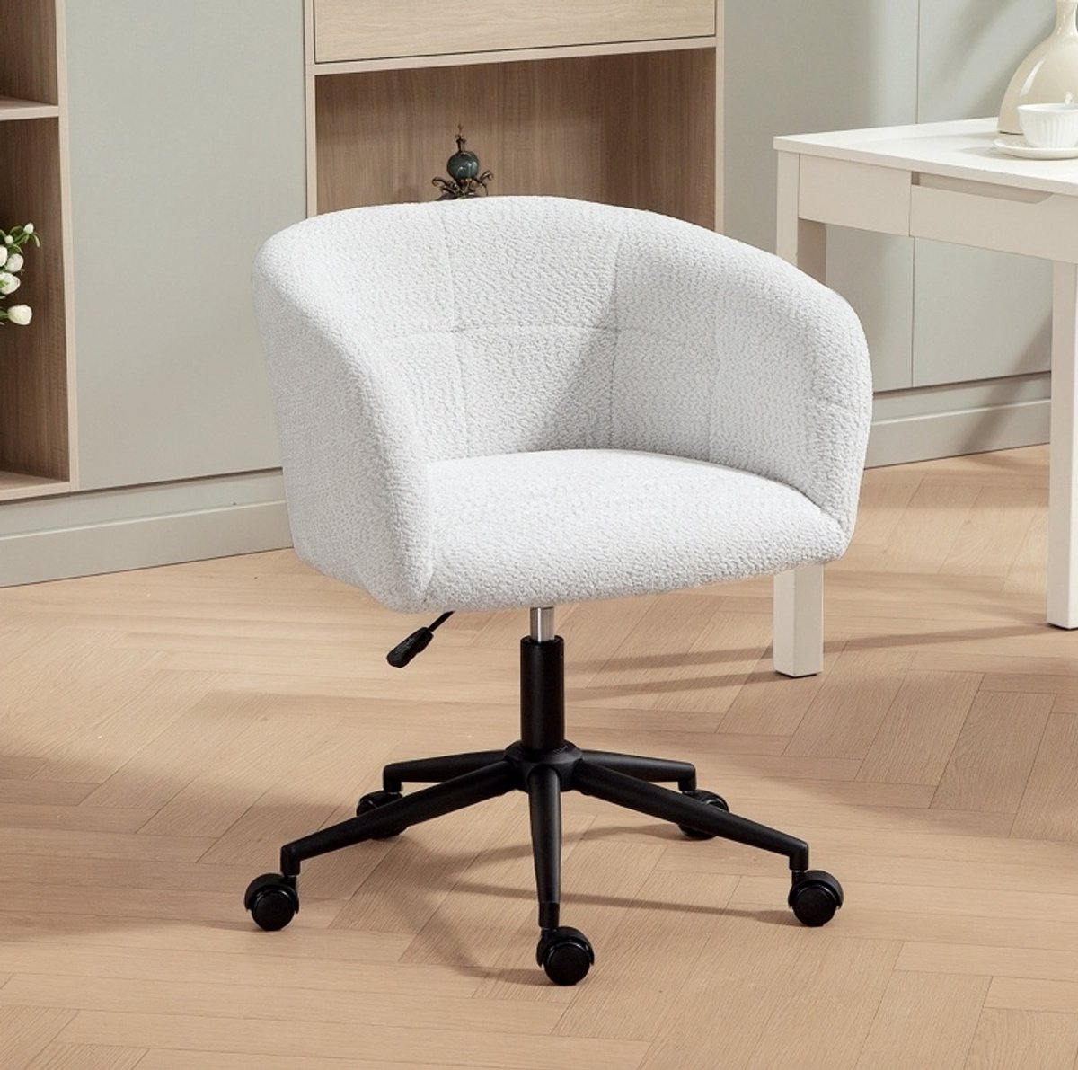 MEUNIQ bureaustoel met vaste armleuningen, 65 x 59 x 75-85 cm, 360° draaibaar, in hoogte verstelbaar 46-56 cm, met wielen, crème
