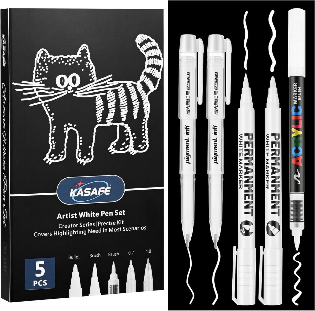 Thijox - Witte Pennenset - 2 Gelpennen, 1 Vloeibare Markeerstift, 2 Fijne/Penseel Acrylmarkers - Ondoorzichtig, Sneldrogend, Veegbestendig - Ideaal vo