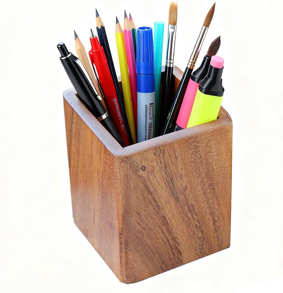 Thijox - Houten Pennenhouder - Bureau-Organizer - Pennenkoker - Vierkant - Walnoothout - Potloodhouder voor Schrijfwaren - Ideaal voor Thuis, School e