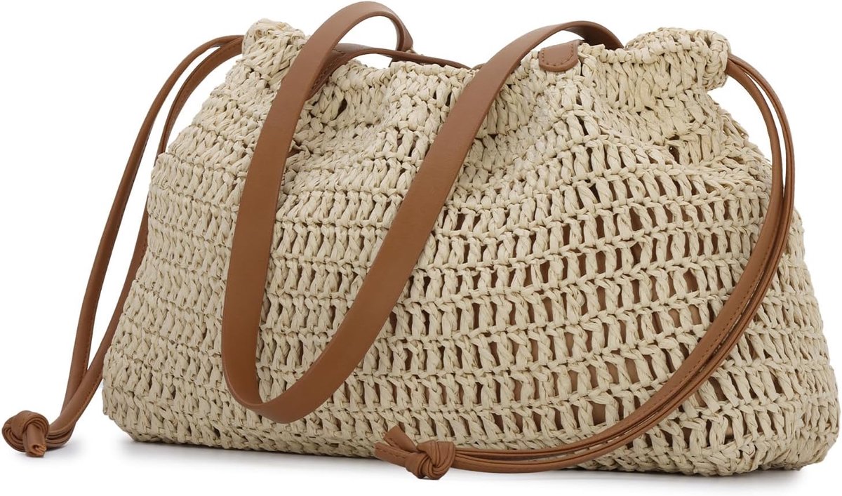 Thijox - Zomerse Strandtas Stro Handgemaakt Gevlochten Schoudertas 35x25x11 cm met Trekkoord en Leren Handvat - 2-in-1 Draagtas voor Vakantie, Strand