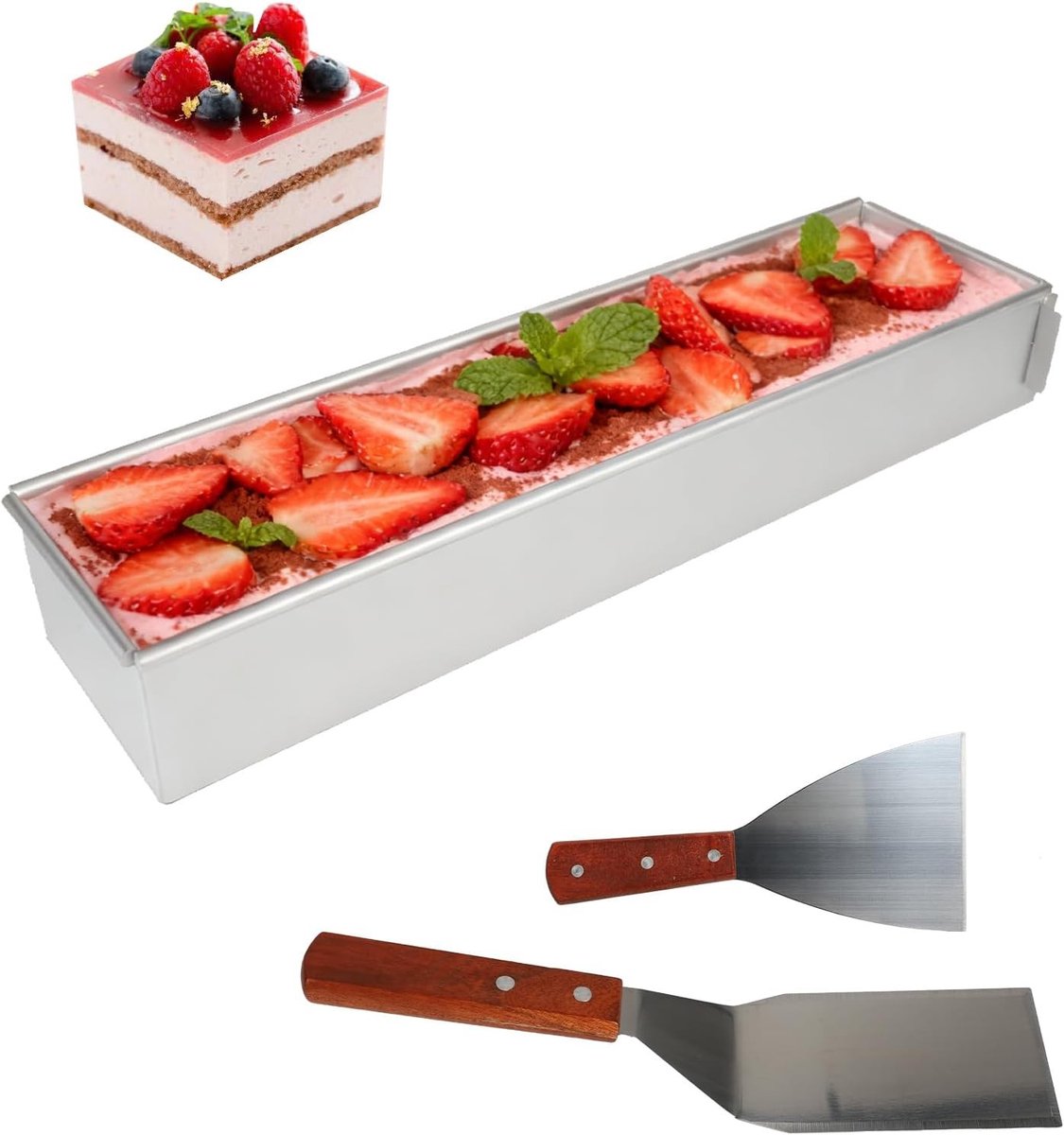 Rechthoekige Tiramisu Vorm 41 x 10 x 6 cm, Aluminium Bakvorm met 2 Spatels en Verwijderbare Zijkant, Perfect voor Taart, Dessert en Brood Bakken