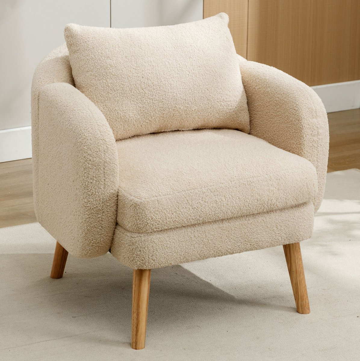 HAUSS SPOLE Fauteuil - Teddy Bouclé Designfauteuil - Met Kussen En Armleuningen - Voor Woonkamer En Leeshoek - Houten Poten - Beige