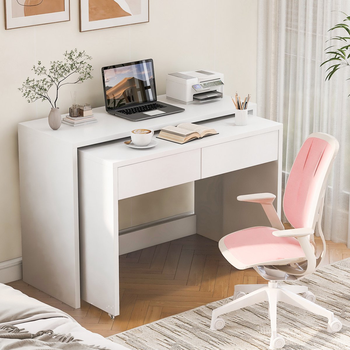 FloraGrace Bureau - Uitschuifbaar 2 In 1 Bureau Met 2 Lades En Wielen - Compact Voor Thuiswerk En Slaapkamer - Spaanplaat - 110x40x78 Cm - Wit