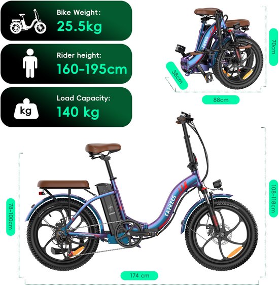 Fafrees F20 Pro Opvouwbare Elektrische Fiets - 250W Motor, 36V 20Ah Accu, 120km Bereik, 7-Speed Shimano, Dubbel Geveerd- Zwart van FAFREES — afbeelding 3