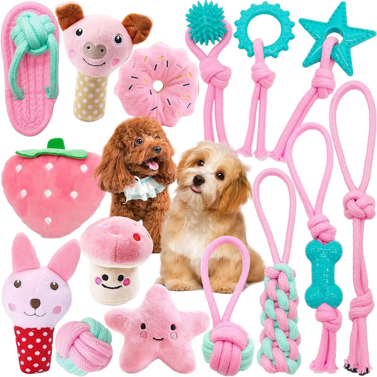 Puppy Speelgoed Set - Hondenspeelgoed Touwen - Tanden Reinigen - 15 Verschillende Stuks - Middelgrote Honden - Roze
