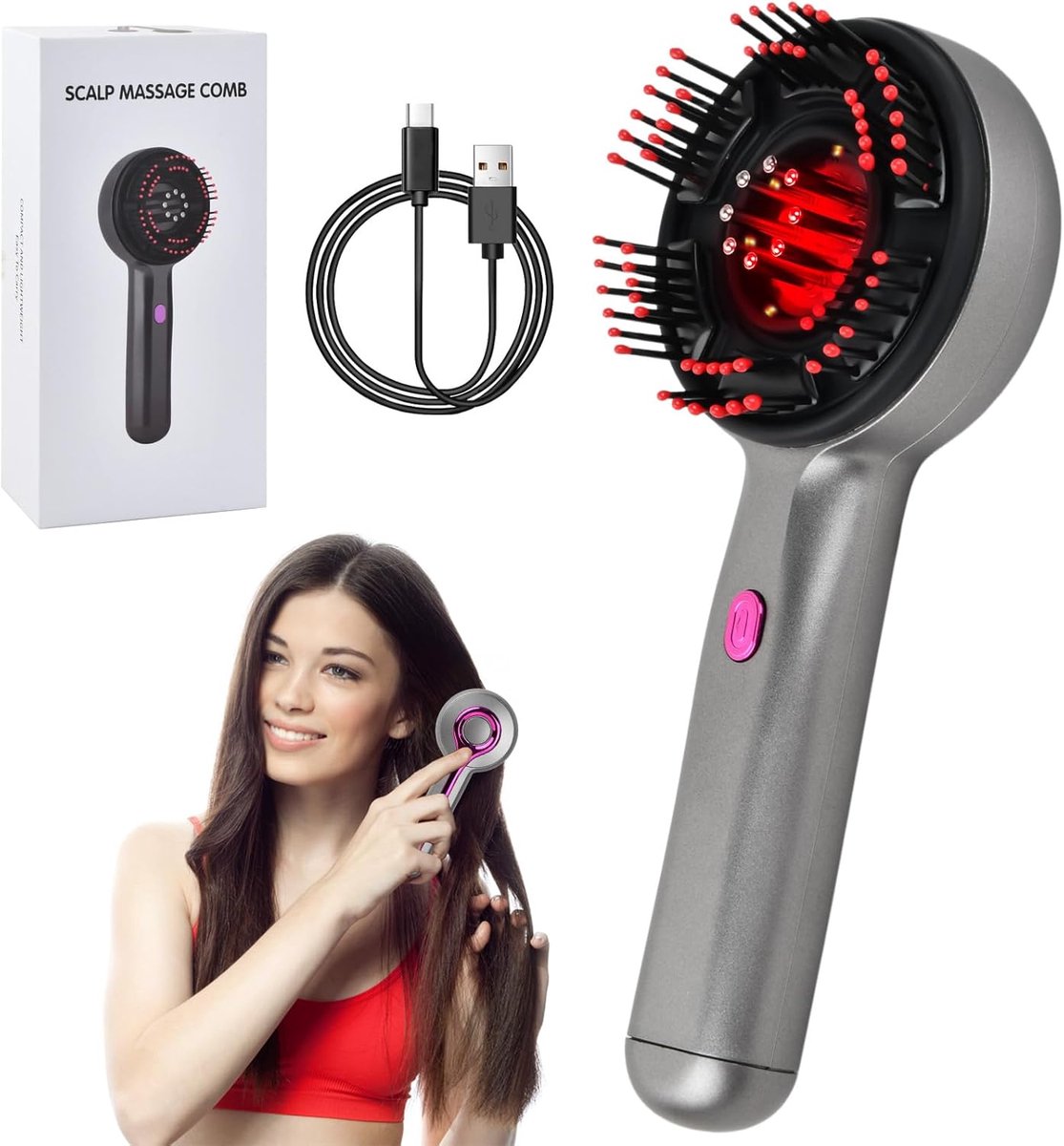 Thijox - 3-in-1 Elektrisch Hoofdmassageapparaat met Haarmassageborstels, 3 ml Haaroliedispenser, Massagekam en 3 Modi voor Ontspanning, Spa en Haarver