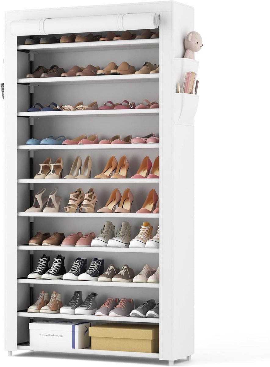 Thijox - Schoenenrek met 11 Planken voor 50 Paar Schoenen, Hoge Schoenenkast met Stofdichte Afdekking, Metalen Frame, Wit, Perfect voor Hal of Woonkam