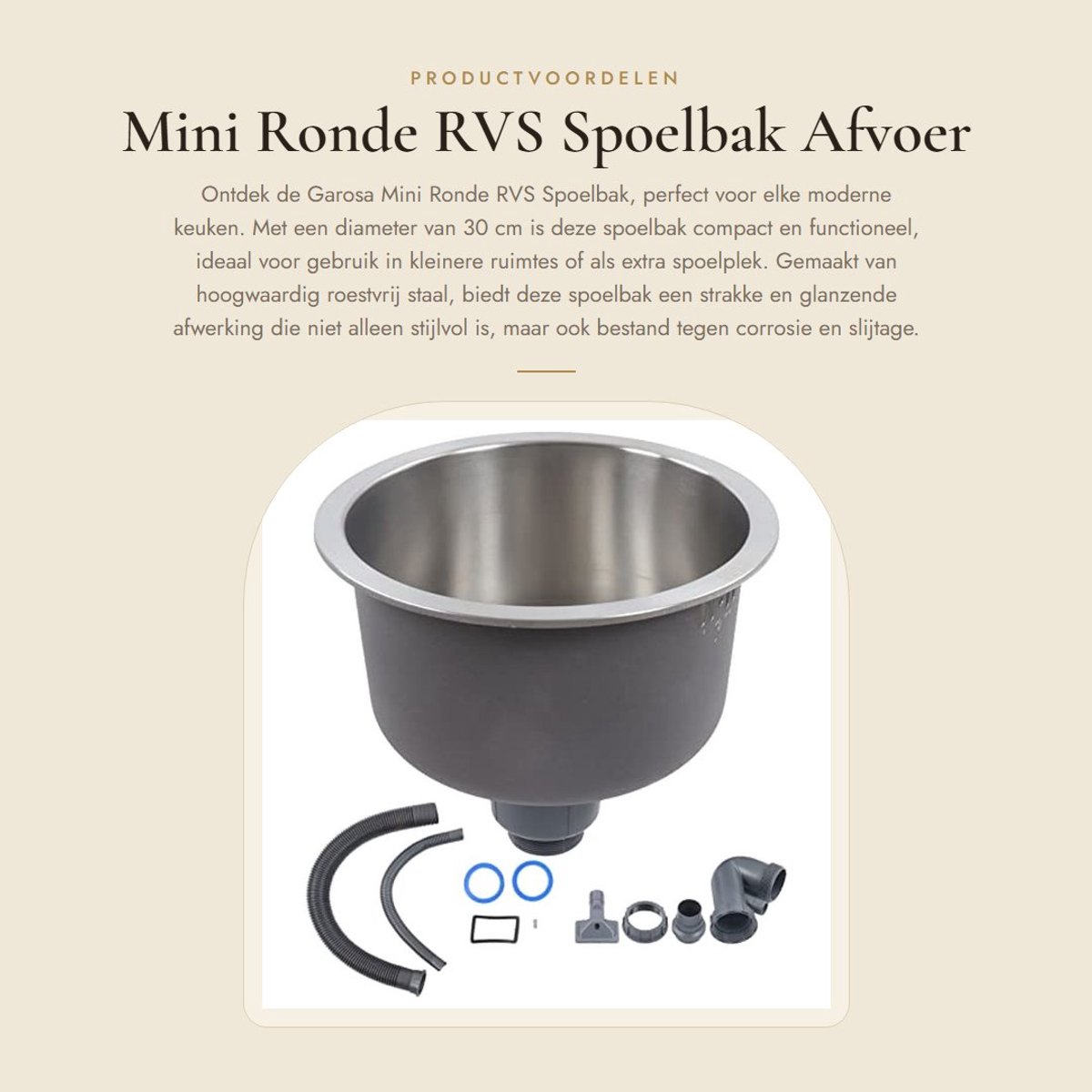 Inovra- RVS Spoelbak Mini Rond 30cm - Afvoer - Zeef - Compact - Eenvoudige Vervanging - Hoogwaardige Kwaliteit