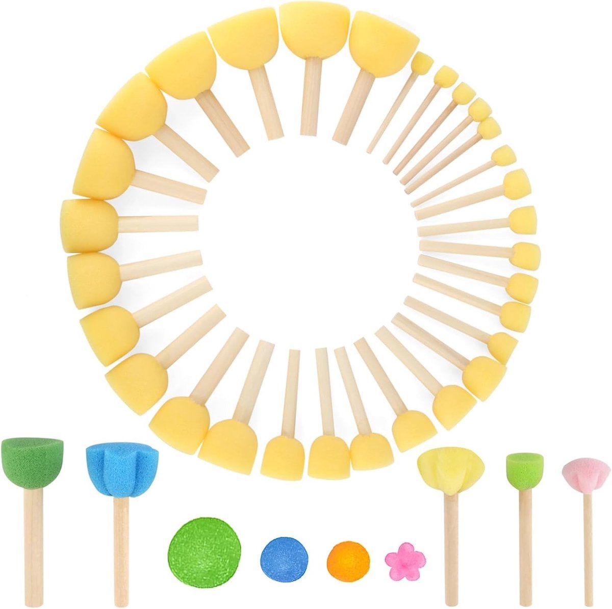 Set van 30 kindvriendelijke sponsborstels met houten handvatten voor creatieve schilderprojecten, inclusief 5 bloemen- en paddenstoelenstokken voor DIY schilderen