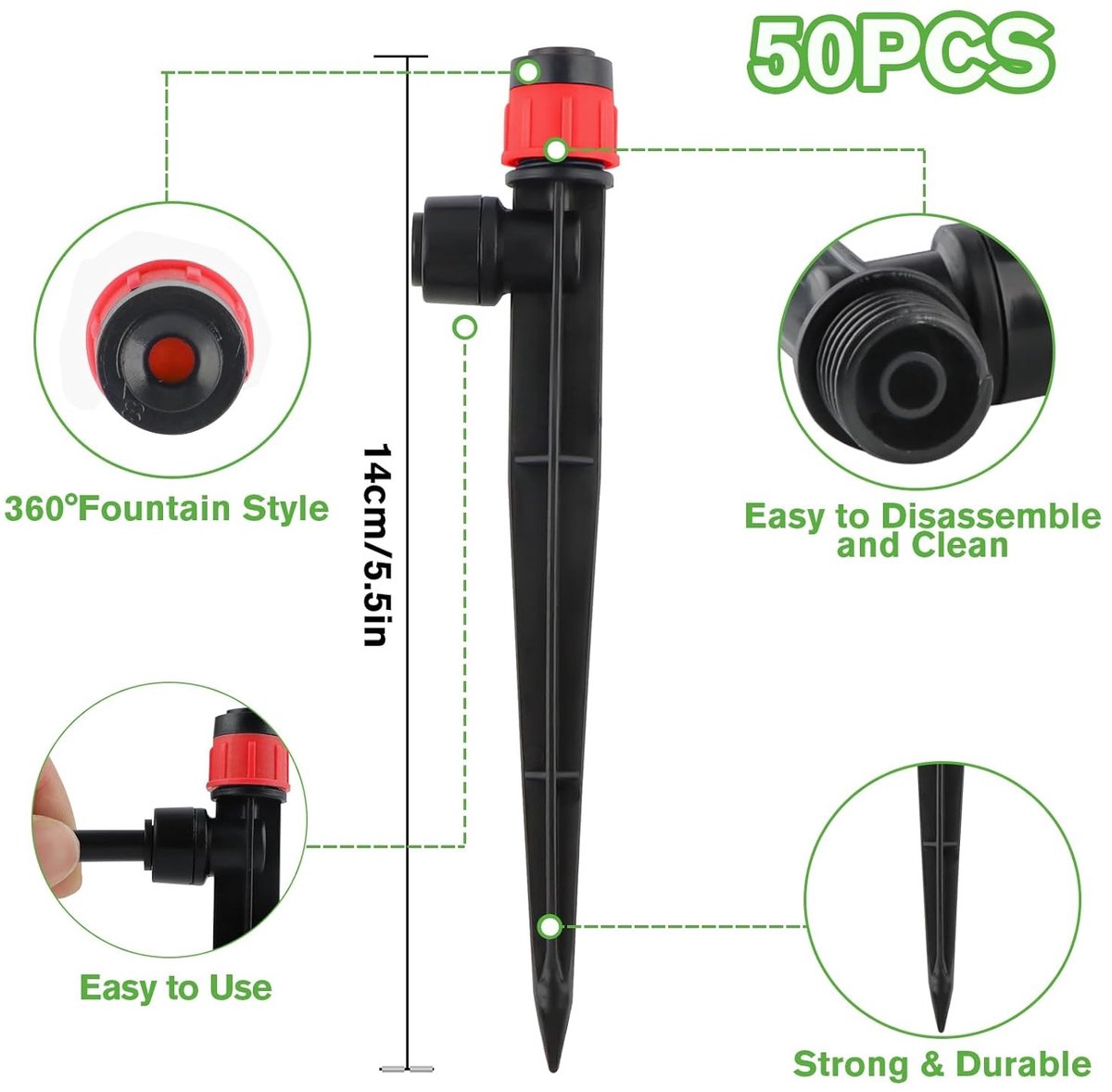 Verstelbare druppelradiator voor waterirrigatie, 360 graden sproeier voor 1/4 inch slangen, druppelirrigatie emitter voor tuinplanten en bloemen (50 stuks, rood)