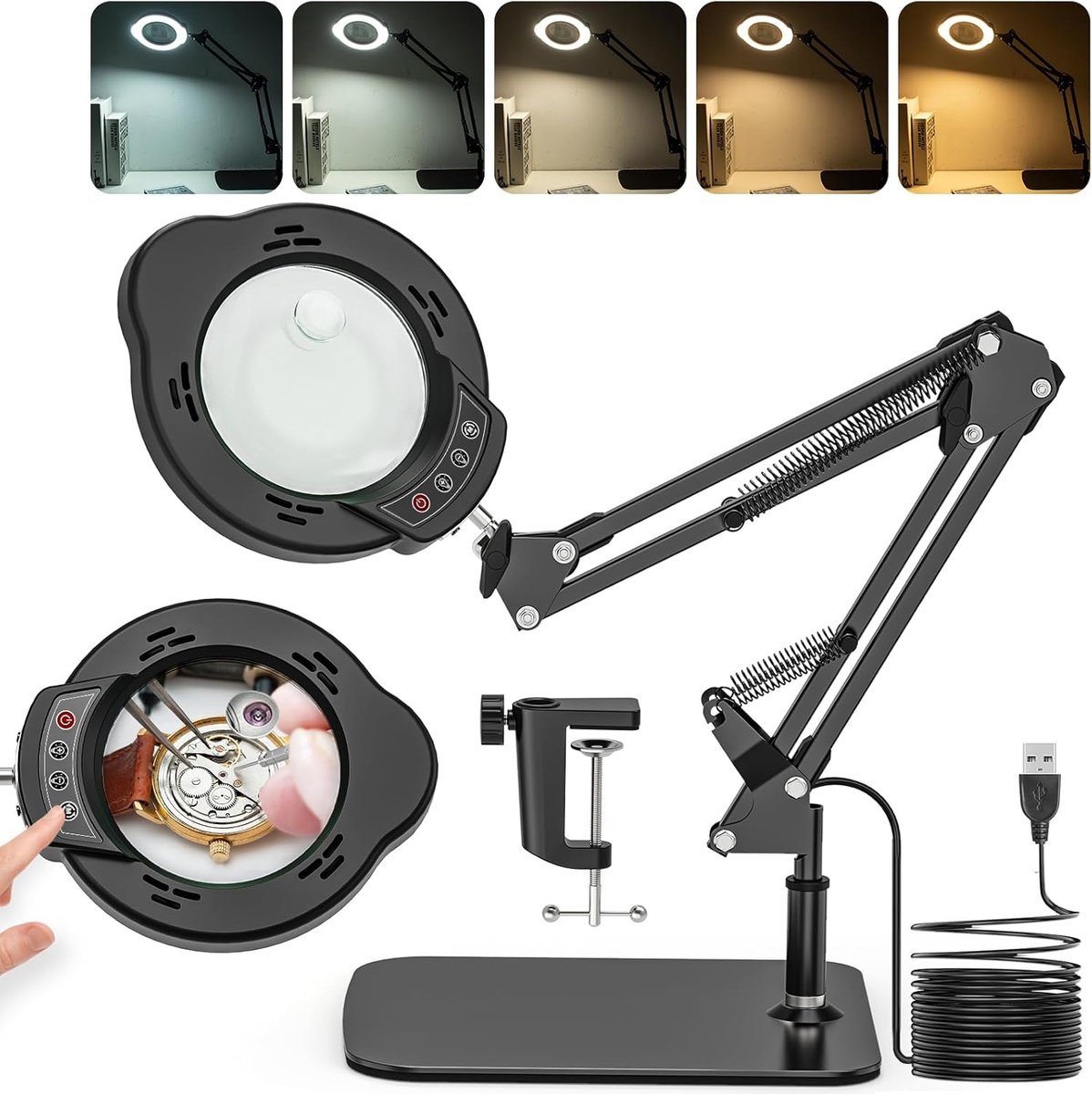 SnelShoppen - 2-in-1 Vergrootglas met Licht en Stand, 15x en 10x Vergrotende Lamp met Klem en Basis, LED Bureau Vergrootglas met 5 Kleurmodi en 10 Hel