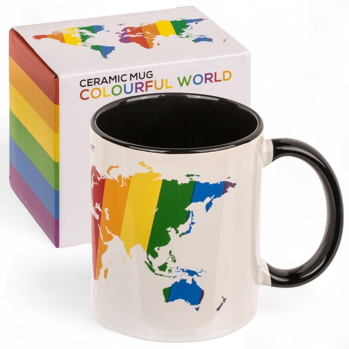 Dailygoods- Koffiemok 325 ml - Steengoed - Vaatwasmachinebestendig - Regenboogwereldkaart - LGBTQ+ Pride-design - Voor reisliefhebbers - Beker