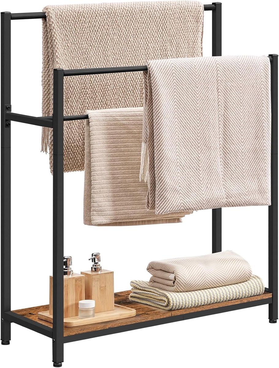 Freestanding Handdoekrek met 3 Niveaus en Plank voor Badkamer, Tuin en Woonkamer in Zwart en Vintage Bruin