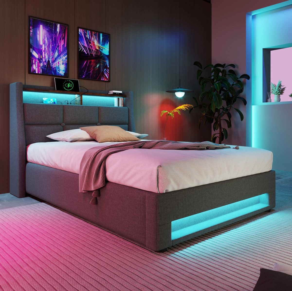 FloraGrace Gestoffeerd Bed 90x200 cm - Met USB En LED-Verlichting - Met Opbergruimte - Eenpersoonsbed - Stof En Metaal - Grijs - Met Matras