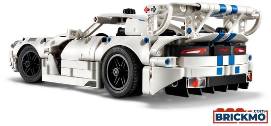 Witte LEGO Technic Dodge Viper GTS-R sportauto met blauwe strepen, grote spoiler en zwarte wielen.