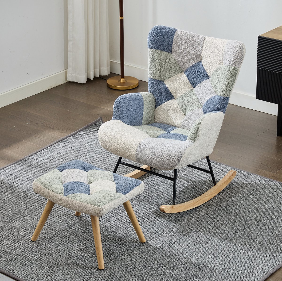 MIVRAY Schommelstoel Relaxfauteuil Met Voetenbank 122 x 68 x 91 cm Zachte Gestoffeerde Patchwork Voor Woonkamer Slaapkamer Bureau Stof Beige Blauw