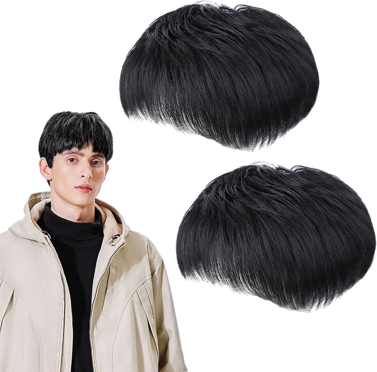 Haarstuk voor mannen 2pcs - Zwart - Hoogwaardige synthetische vezels - Dagelijks gebruik - ShopVlot