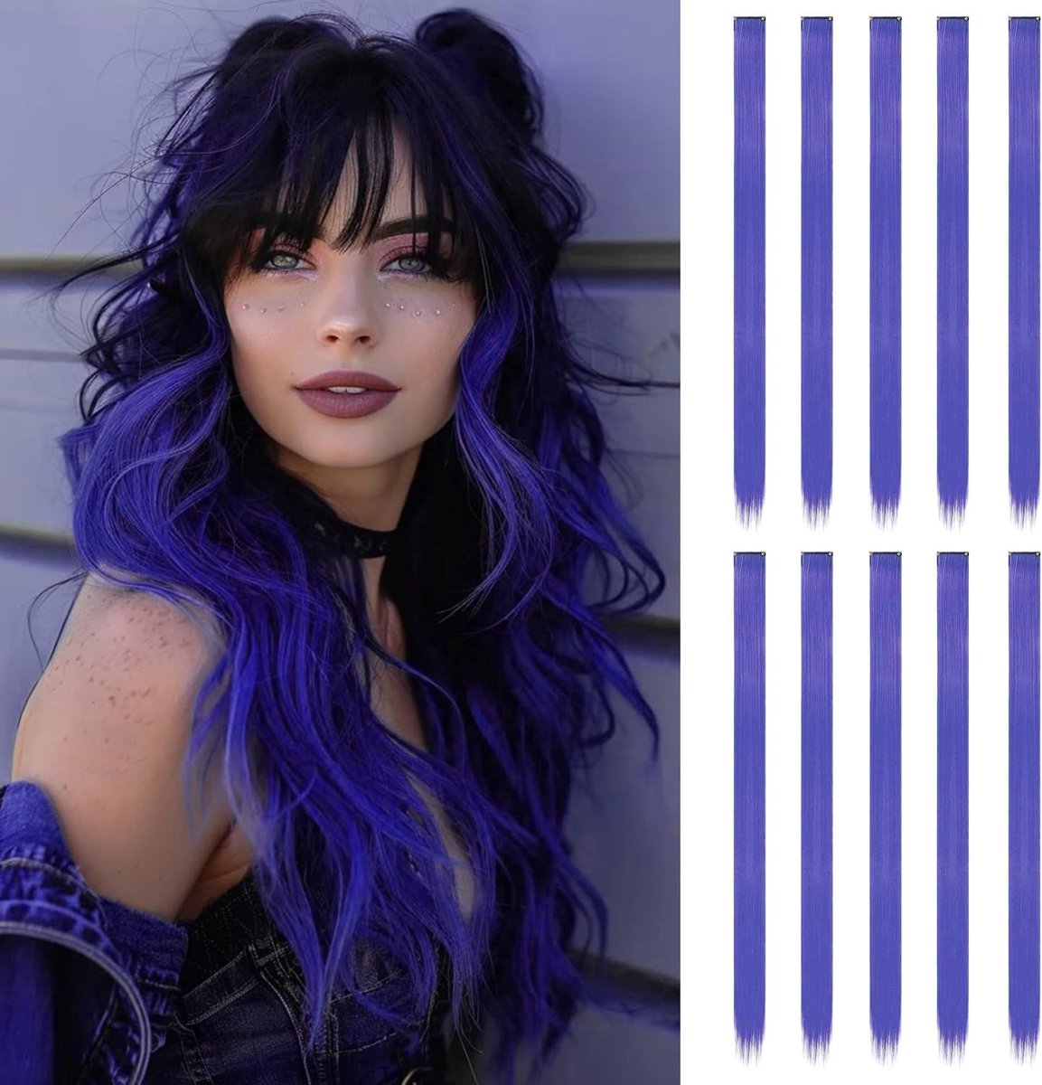 SnelShoppen - Pack van 10 Blauwe Haarextensions | 22 Inch Lange Rechte Neppaar Clip In Haaraccessoires voor Meisjes (Donkerblauw)