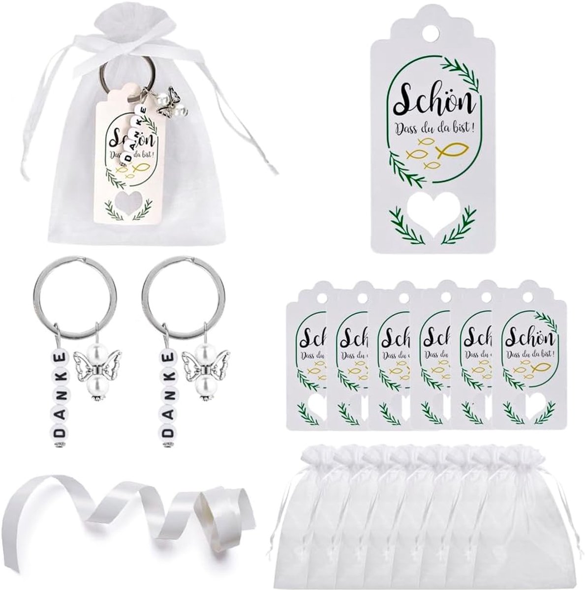 SnelShoppen - 30 Stuks Beschermengel Sleutelhangers + 30 Organza Tassen + 30 Labels Gastcadeaus voor Bruiloft, Doop, Feest, Kerst, Babyshower, Communi