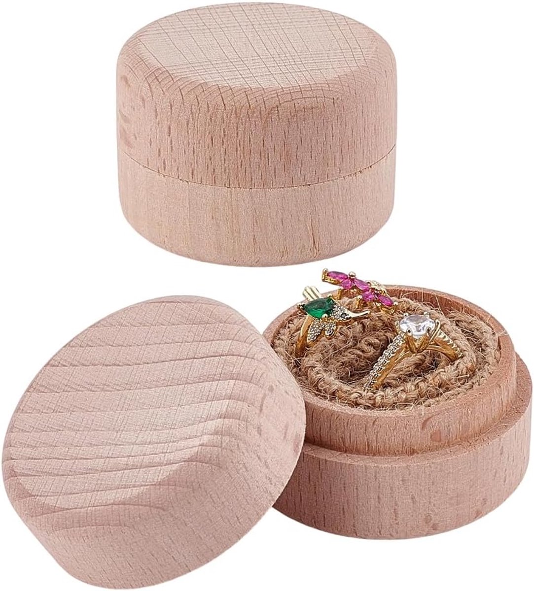 SnelShoppen - 2 Stuks Houten Ringdozen Rond Plat Opslagdoos Voor Verlovingsringen Peruaanse Sieraden Doosjes Voor Trouwringen Opslag