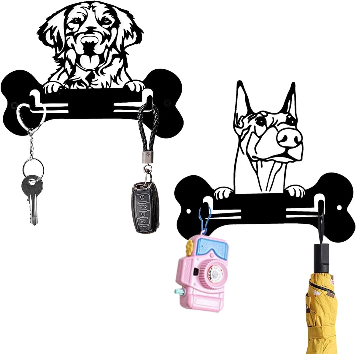 SnelShoppen - Wandhanger Sleutelhanger, Zwart Metaal Sleutelhaken, Muurbevestigd, Hond Vorm Sleutelhanger, Sleutelrek met 4 Haken, Creatieve Sleutelha