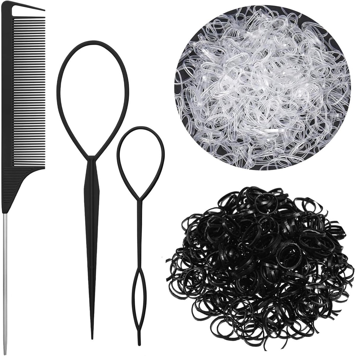 SnelShoppen - 2000 Stuks Haar Bands met Topsy Tail Gereedschap en Rat Tail Kam, Mini Rubber Bands, Plastic Haar Bands voor DIY Haarstijl, Zwart en Kle