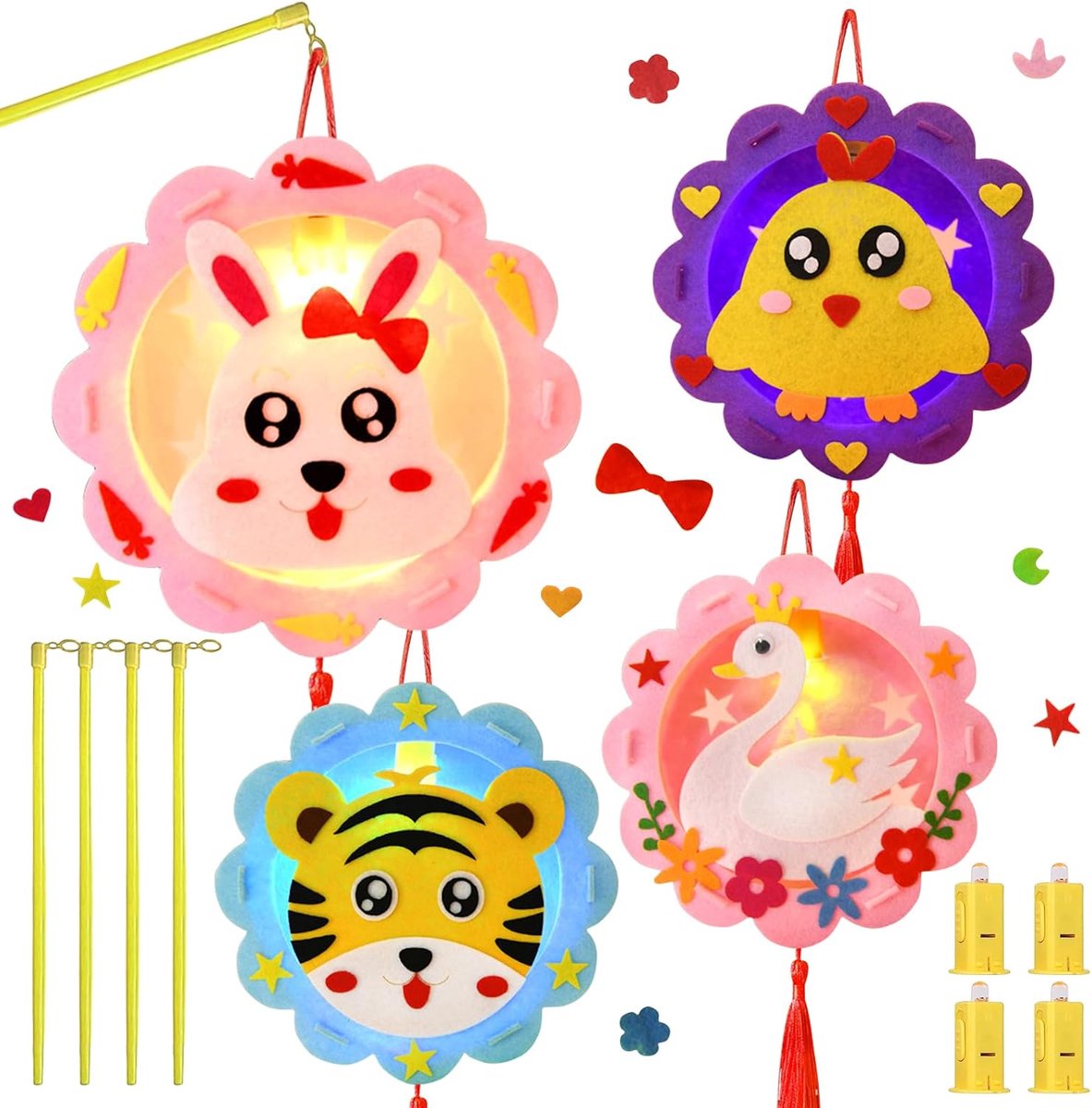 SnelShoppen - Lanterns Knutselsets voor Sint Maarten, 4 Kinderlampionnen Knutselset met Stok, Lampion voor Feesten, Creatief Knutselmateriaal voor Kin